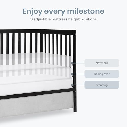 Dream On Me Synergy 5-in-1 Convertible Full-Size Baby Crib with Toddler, Day & Full Bed Conversion in Black, GreenGuard Gold & BSA, 3 Mattress Heights, Sustainable Pinewood