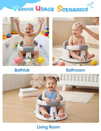 Baby Bath Seat for Babies 6 Months & up with Suction Cups, Non-Slip Infant Bath Chair, Ergonomic Baby Bathtub Seats for Babies Sitting Up, BPA-Free Toddler Bath Seat, Easy-Release Pull Tab, Gray