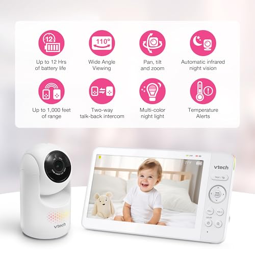 VTech Baby Monitor No WiFi with 7" IPS Screen & Remote Pan Tilt Zoom – 5000mAh 12Hr Video Battery, 1000ft Range, Night Vision, Multi-Color Night Light, Two-Way Talk | Advanced HQ Max