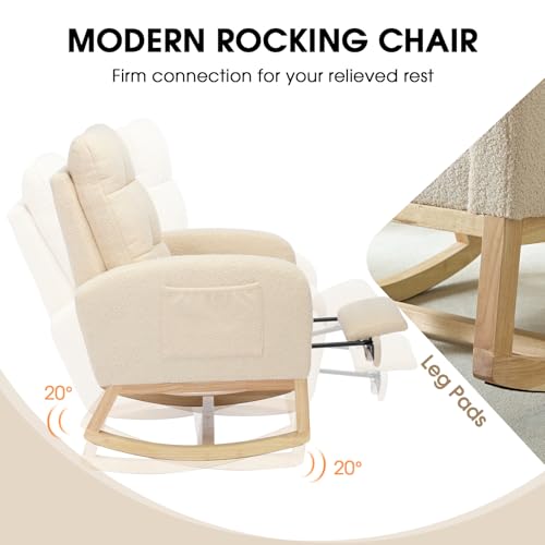 NIOIIKIT Modern Nursery Rocking Chair, Teddy Upholstered Rocking Chair with Footrest, Comfortable Rocker Recliner with Side Pocket, Rocker Glider for Living Room, Bedroom, Nursing Room (Beige)