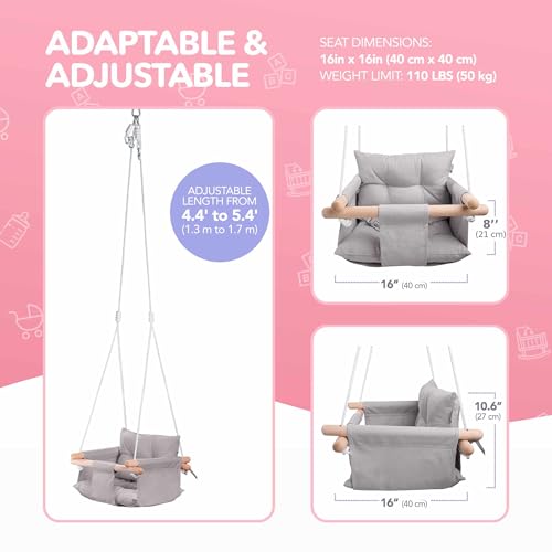 CaTeam Canvas Baby Swing Seat with 5-Point Safety Belt — Wooden Hanging Toddler Swing, Indoor & Outdoor, Ages 1-4, Ceiling Mount Hardware Included, Taupe Gray