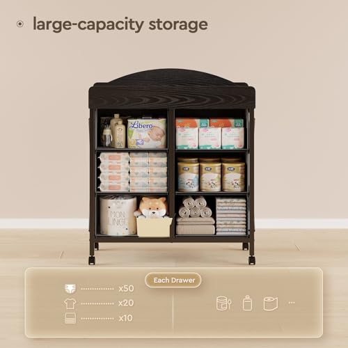 Yetom Baby Changing Table Dresser with Wheels, 6-Fabric Drawer Baby Dresser with Changing Table Top, Waterproof Diaper Changing Station & Pad, Mobile Storage Unit, Compact Baby Furniture, Black