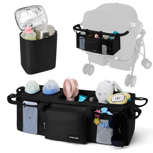 VMEECARL Double Stroller Organizer Universal with 2 Insulated Cup Holders & Cooler Bag, Large Storage Parent Console for Bob Duallie, Baby Jogger City Mini GT2