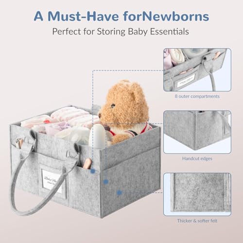 PaoveFor Diaper Caddy Organizer, Newborn Essetials Must Haves, Baby Registry Search and Other Baby Stuff, Collapsible Baby Basket with Handle and a Photo Frame, Grey, 11.8 x 6.3 x 9.0 inch