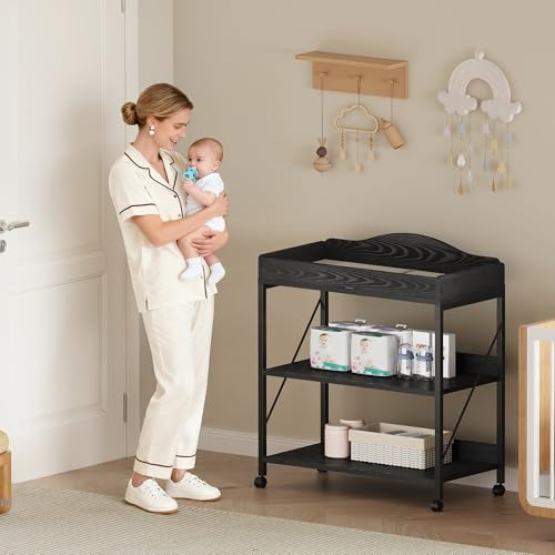Yetom Baby Changing Table, Diaper Changing Station with Pad and Wheels, Two-Tier Open Storage Shelves, Waterproof Diaper pad & Safety Strap,Compact Baby Furniture for Nursery, Black