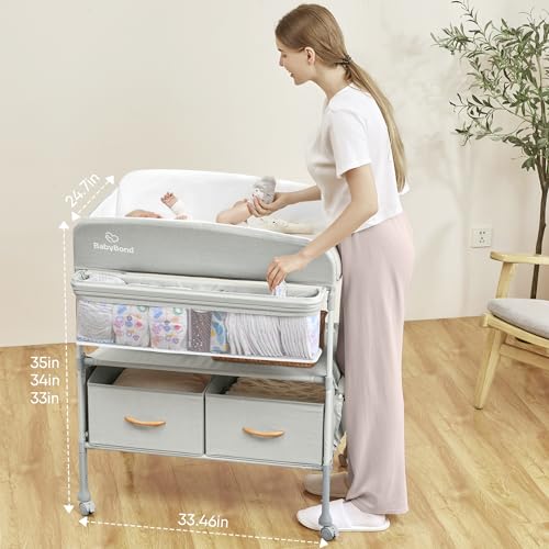 BabyBond Portable Baby Changing Table with 2 Storage Baskets, Foldable Changing Table Dresser Diaper Changing Table Height Adjustable Changing Station for Infant and Newborn(Beige)