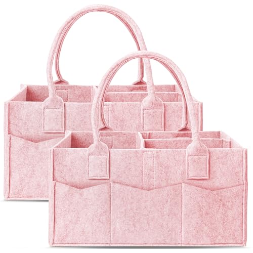 Cute Castle 2 Pack Diaper Caddy Organizer - Portable Baby Caddy Organizer with Handle, Nursery Storage Bin and Car Organizer for Girls, Boys - Baby Gift Basket - Pink