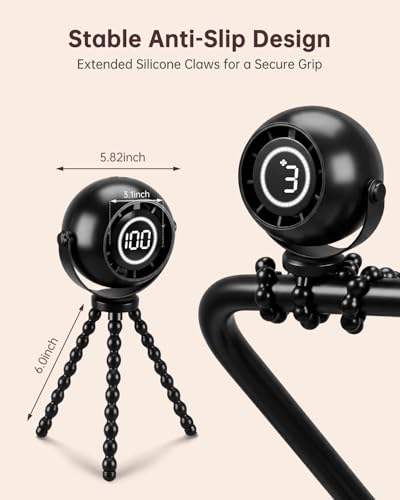 POPERFUN Portable Stroller Fan, Ultra-Long Battery Operated Rechargeable Personal Fan, Bladeless Octopus Tripod Clip Fan with 3 Wind Speeds for Baby Travel Bedroom Office Stroller Car Seat