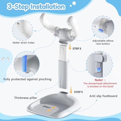 Upgraded Baby Shower Stand with Anti-Pinch Silicone & Anti-Slip Base, Adjustable Height Baby Bath Standing Support, Soporte para Bañera de Bebé Assist Holder for 6-36 Months Toddler, Ideal Gift, Gray