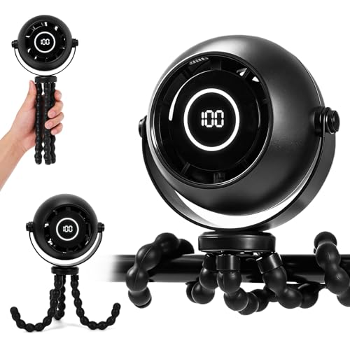FIALAME Portable Stroller Fan,4000mAh Portable Fan for Stroller Rechargeable with Flexible Tripod,12.5H Battery,3 Speeds,LED Display,360° Rotate,Clip On Fan for Car Seat Fan,Travel,Treadmill