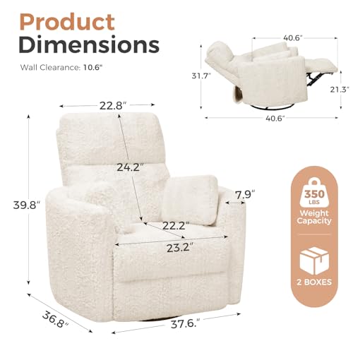 HUSFU Power Swivel Rocker Recliner Chair, Nursery Glider Rocking Chair for Adults with Nightlight and USB & Type-C Ports, Comfy Plush Recliner Chairs for Living Room, Bedroom, Cream