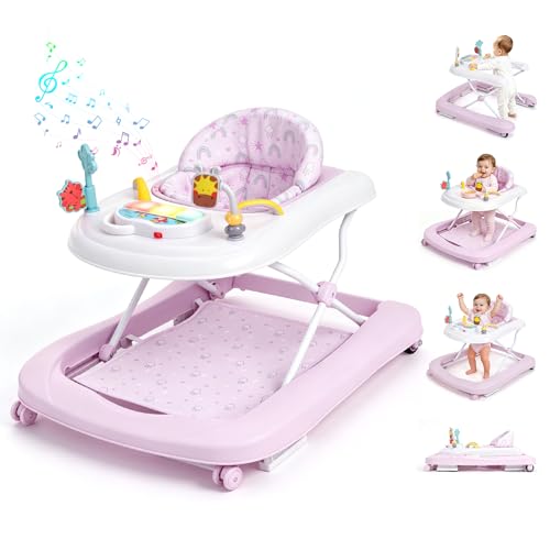 Baby Walker with Wheels, 5-in-1 Foldable Push Walker for Baby Girls 6-12 Months, Baby Walker & Bouncer Combo, Adjustable Height, Music Light Infant Activity Center Bouncer Walker(Pink)