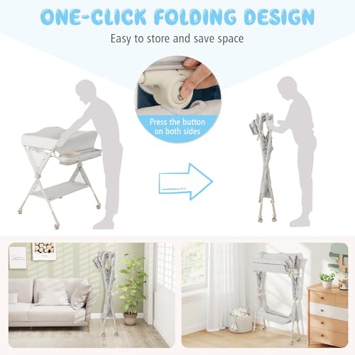 BABY JOY Portable Baby Changing Table, Foldable Diaper Changing Station w/Wheels, Adjustable Height, Large Storage Rack, Water Basin, Safety Belt, Mobile Nursery Organizer for Newborn Infant (Gray)