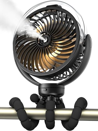 Wavmill Misting Stroller Fan, 6000mAh Battery Operated Portable Fan with Light & 360° Pivoting, Personal Fans with Flexible Tripod for Baby, Office, Travel,Treadmill,Outdoors