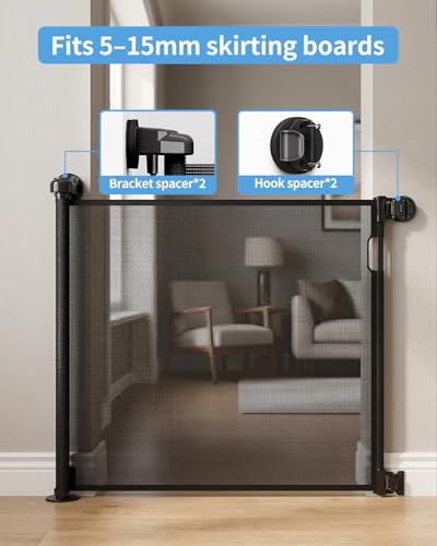 Veraste Retractable Baby Gate for Doorways and Stairs, Mesh Safety Gate for Pet, Indoor & Outdoor Use, One-Hand Operation, Easy Installation, 33.6" Tall, Expands to 55" Wide（Black,33.6"x55"