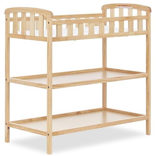 Dream On Me Emily Changing Table, Compact and Lightweight, Solid New Zealand Pinewood, Elevated Safety Rails, Two Storage Shelves, Includes Water-Resistant 1" Changing Pad — Natural