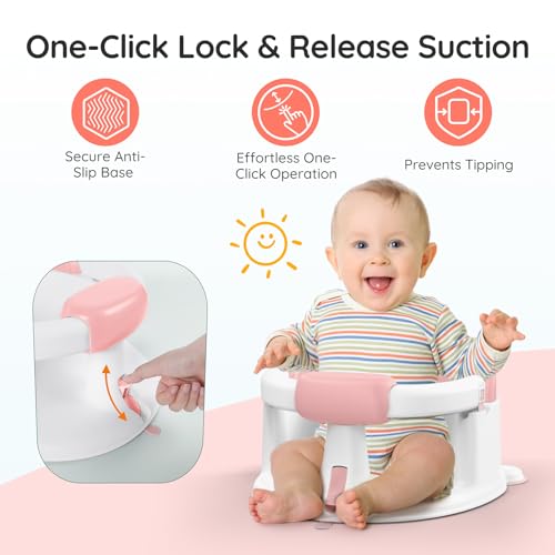 PANUSU Baby Bath Seat for Babies Sitting Up, Non-Slip Baby Bath Chair with Strong Suction Cups, Lockable Armrest & High Back 360° Safety Support, Ideal for Active Toddlers 6-24 Months, Pink