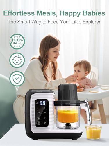 MOMYEASY Baby Food Maker, Multifunction Processor Chopper Grinder, Baby Food Steamer and Puree Blender in-One, with Bottle Warmer, Auto Cooking & Grinding with Touch Control Panel