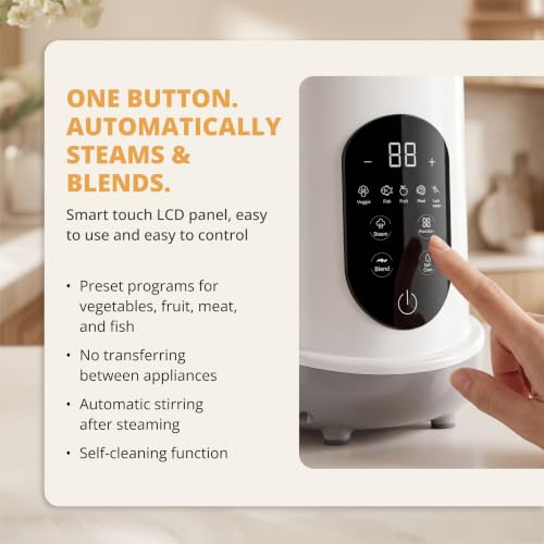 BEAR 2024 Baby Food Maker | One Step Baby Food Processor Steamer Puree Blender | Auto Cooking & Grinding |Infant Puree Maker with Self-Cleaning Function | Touch Screen Control, White