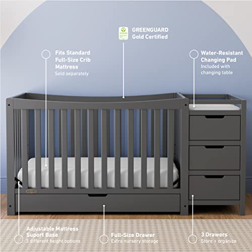 Graco Remi 4-in-1 Convertible Crib & Changer – GREENGUARD Gold Certified, Fits Standard Crib Mattress, Converts to Toddler Bed and Full Bed, 4 Adjustable Mattress Heights (Gray)