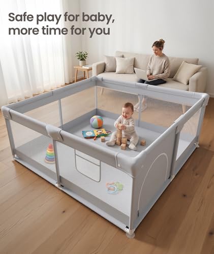 Fodoss Baby Playpen 47×47in, Small Play Pen for Babies and Toddlers, Playpen for Apartment, Play Yard, Activity Fence, Baby Playard with All-Side Mesh, Pull Rings