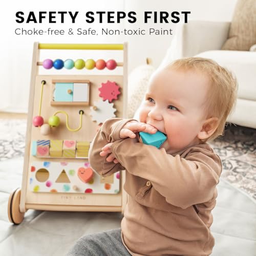 Tiny Land Wooden Baby Walker with Adjustable Speed, Montessori Activity Push Walker Toy for Toddlers, Colorful Learning Walker for Boys & Girls (Rainbow)