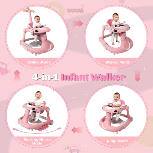 Baby Walker, 4-in-1 Baby Walker with Wheels Portable, Foldable Infant Toddler Walker for Boys Girls 6-18 Month,Removable Footrest,Car Steering Wheel & Music, Adjustable Push Walker Pink