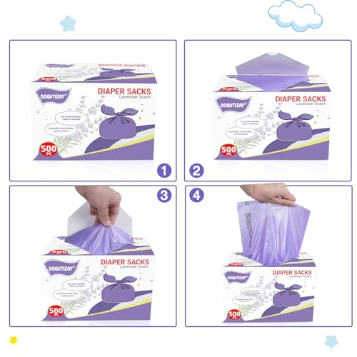 Baby Disposable Diaper Bags Easy-To-Tie Tabs Diaper Sacks with Lavender Scented Diaper Disposal or Pet Waste Bags (500 Count)