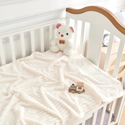 Eonkasp Soft Fleece Baby Blanket Ultra Cozy Baby Blankets for Boys Girls Warm and Lightweight Infant Toddler Newborn Receiving Gift with Reversible Stripes for Crib Stroller, 30x40 Inch, Cream