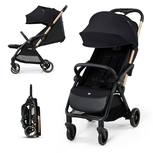 Kinderkraft APINO Lightweight Auto Folding Stroller, Compact Travel Baby Stroller for Newborn to Toddler, Reclining Seat, 5-Point Harness, Black
