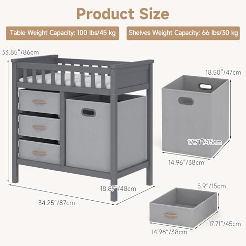 INFANS Wooden Baby Changing Table with Comfy Changing Pad, 3 Fabric Drawers, Laundry Hamper, Safety Belt, Diaper Station Dresser for Nursery Infant (Light Gray)