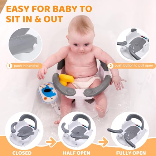 LDIIDII Baby Bath Seat for Babies 6 Months & Up Sitting Up,Infant Bath Seat with Temperature Alert+Open Backrest+on/Off Armrest,Toddler Bath seat Baby Bath Chair for Bathtub,Tub,Sink (Light Gray)