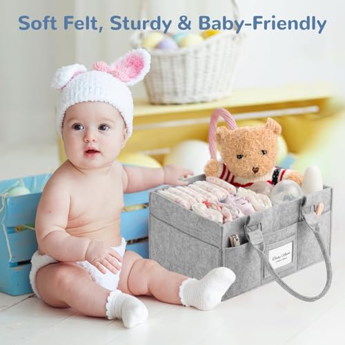 PaoveFor Diaper Caddy Organizer, Newborn Essetials Must Haves, Baby Registry Search and Other Baby Stuff, Collapsible Baby Basket with Handle and a Photo Frame, Grey, 11.8 x 6.3 x 9.0 inch