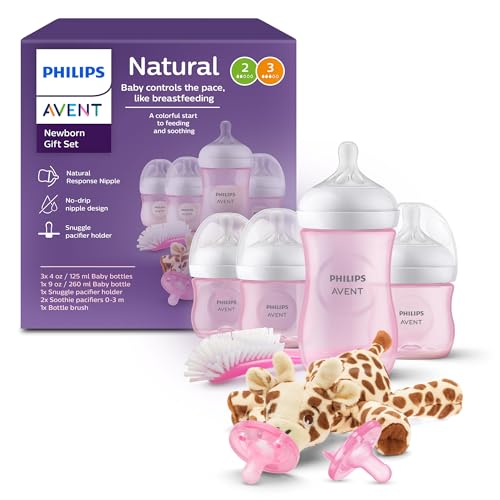 Philips Avent Natural Response Baby Gift Set - 3X 4oz Pink Bottles with Slow Flow Nipples (Flow 2), 1x 9oz Pink Bottle with Medium Flow Nipples (Flow 3), 2X Soothie Pacifiers 0-3m, SCD838/03
