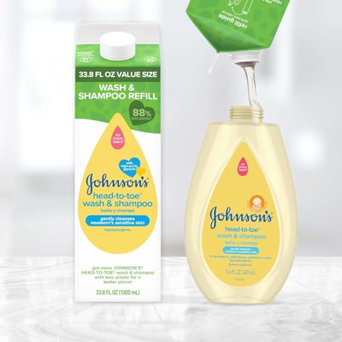 Johnson's Baby Head-To-Toe Body Wash and Shampoo Refill Duo, Tear-Free & Hypoallergenic Baby Body Wash & Shampoo for Newborn’s Sensitive Skin & Hair, Value Size Refill Bottles, 33.8 fl. oz