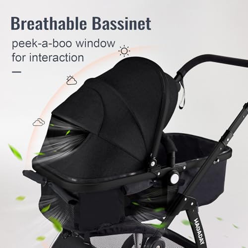 Baby Stroller, 2-in-1 Reversible Toddler Seat with Lie-Flat Mode, Foldable Infant Stroller with Canopy, One Button Brake, Adjustable Handle, Newborn Pushchair (Black B)