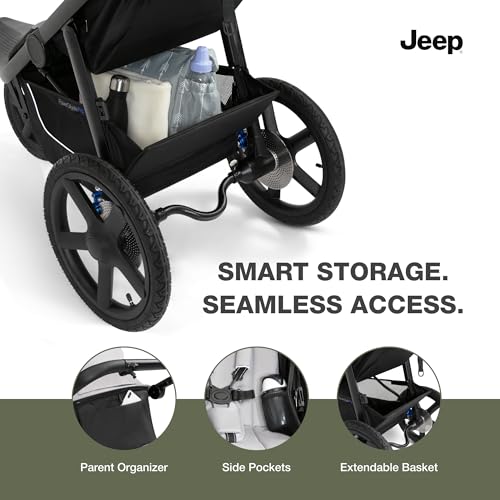 Delta Children - Jeep PowerGlyde Pro Jogging Stroller - 1-Step Back Brake & Hand Deceleration Disc Brakes for Speed Control - 1 Hand Fold, Soft Gray