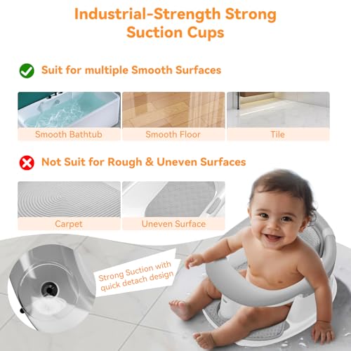 Baby Bath Seat for Babies 6 Months & Up - 360° Protection Baby Bath Chair with Temperature Alert & Cushion | Non-Slip Toddler Bathtub Seat | Newborn Infant Bath Tub Seats for Babies Sitting Up (Grey)