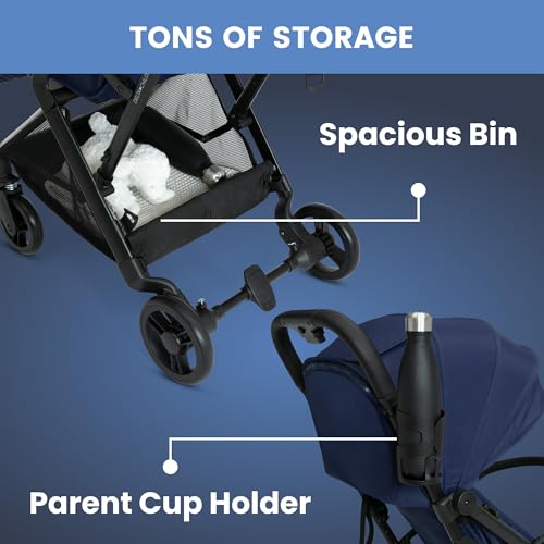 Delta Children Icon Ultra Compact Lightweight Everyday & Travel Stroller - One-Hand Fold - Only 15.6 Pounds - Fits in Overhead Compartments - Greenguard Gold Certified - Multi-Position Recline, Navy