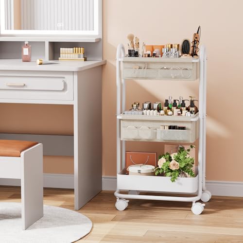 Modanais Baby Diaper Caddy Organizer Cart - 3 Tier Rolling Storage Cart with Wheels, Baby Essentials Nursery Storage, Detachable Dividers - for Crib, Bedroom, Art & Craft Organizer (Off White)
