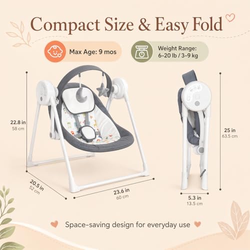 Baby Swing SpaceSaver Ultra-Compact Foldable Infant Swing (Fits in 5.3" Gaps!) 6 Speed Modes | Portable Newborn Swing for Travel/Car/Picnic (0-6M, 6-20lbs)