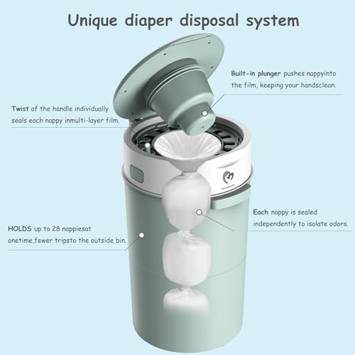 Bellababy Diaper Pail, Upgrade Baby Diaper Bin with Double Odor Locking, Includes 4 Refills (270 inches/pcs), Compact Design for Nursery, Green