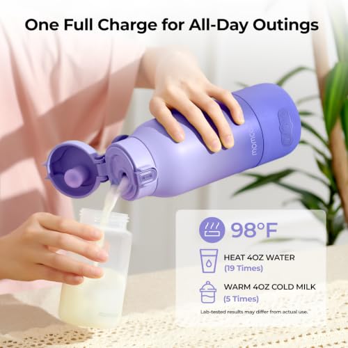 Momcozy Portable Bottle Warmer for Travel – Dual Heating Modes for Breast Milk & Water, Portable Milk Warmer with Fast Heating & Long Battery Life, 17 Ounces Large Capacity, Purple