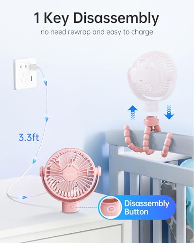 Coohea Stroller Fan Rechargeable Battery Powered Portable Fans, Head Detachable 360° Rotatable Clip on Fan, 3 Speed Quiet Small Mini Fans with Light Night for Carseat, Bed, Crib, Bike, Travel, Pink