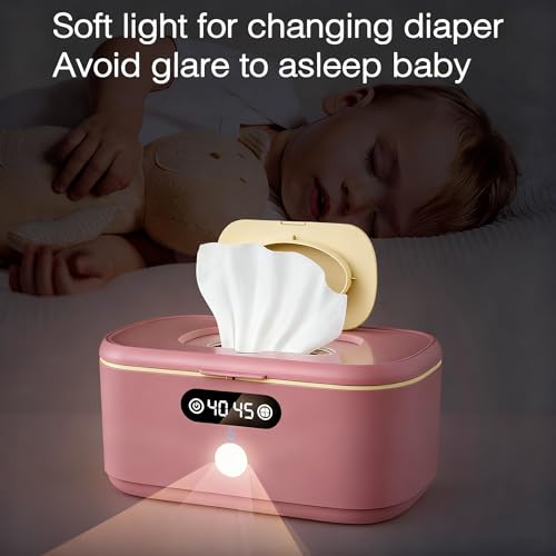 Wipe Wamer for Vehicle and Home Use, Baby Wet Wipes Dispenser and Diaper Wipe Warmer with Night Light,Temperature Display,No Need Water and Sponge, ℉ and ℃ Convertible (Pink, 110-240V)