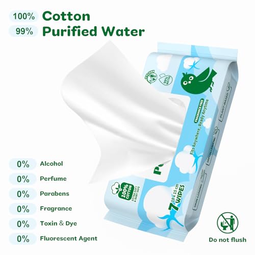 Dorahoney 100% Cotton Travel Wipes for Sensitive Skin, 99% Purified Water Hypoallergenic Mini Wet Wipes, Unscented Pocket Wipes Travel Essentials, 56 Count (8 Packs of 7)