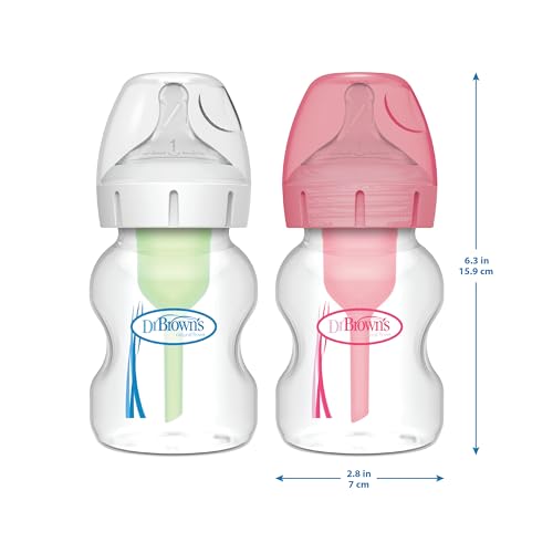 Dr. Brown’s Natural Flow® Anti-Colic Options+™ Wide-Neck Baby Bottles 5 oz/150 mL, with Level 1 Slow Flow Nipple, 4 Pack, 0m+