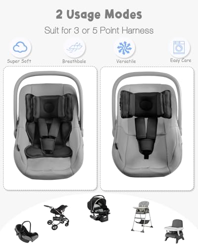HNHUAMING Infant Car Seat Insert with 2 Headrest for Doona|Graco, Thickened Baby Car Seat Head Support for Newborn, Reveable Baby Car Seat Cushion for Side Impact Protection, Black