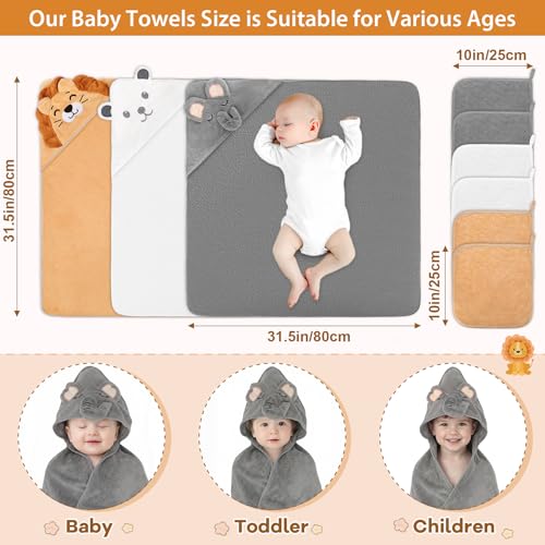 9 PCS Baby Bath Towels Set for Newborn Essentials (Lion, Bear, Elephant)