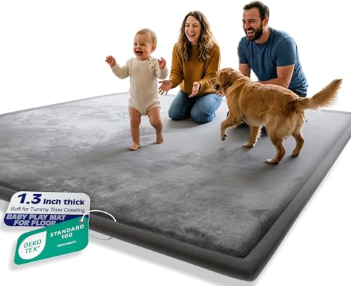 AEOCOO 50x50 Playpen Mat 1.3" Thick Memory Foam Baby Play Mats for Infants Floor Crawling, Toddlers Tummy Time, CloudSoft Velvet Non Slip Cushion, Play Pen, Living Room, Playroom, Tatami Style, Grey